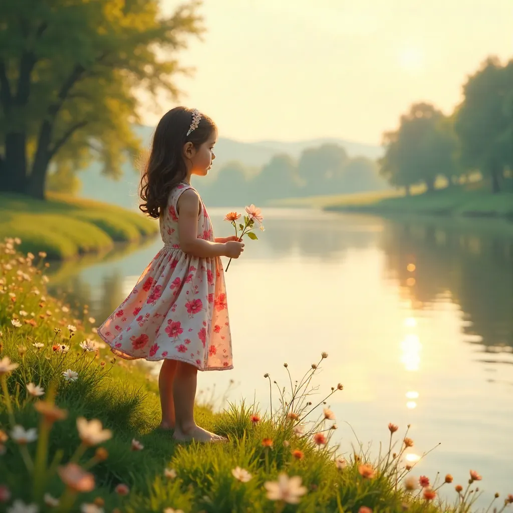 Riverside Morning: Girl in Floral Dress