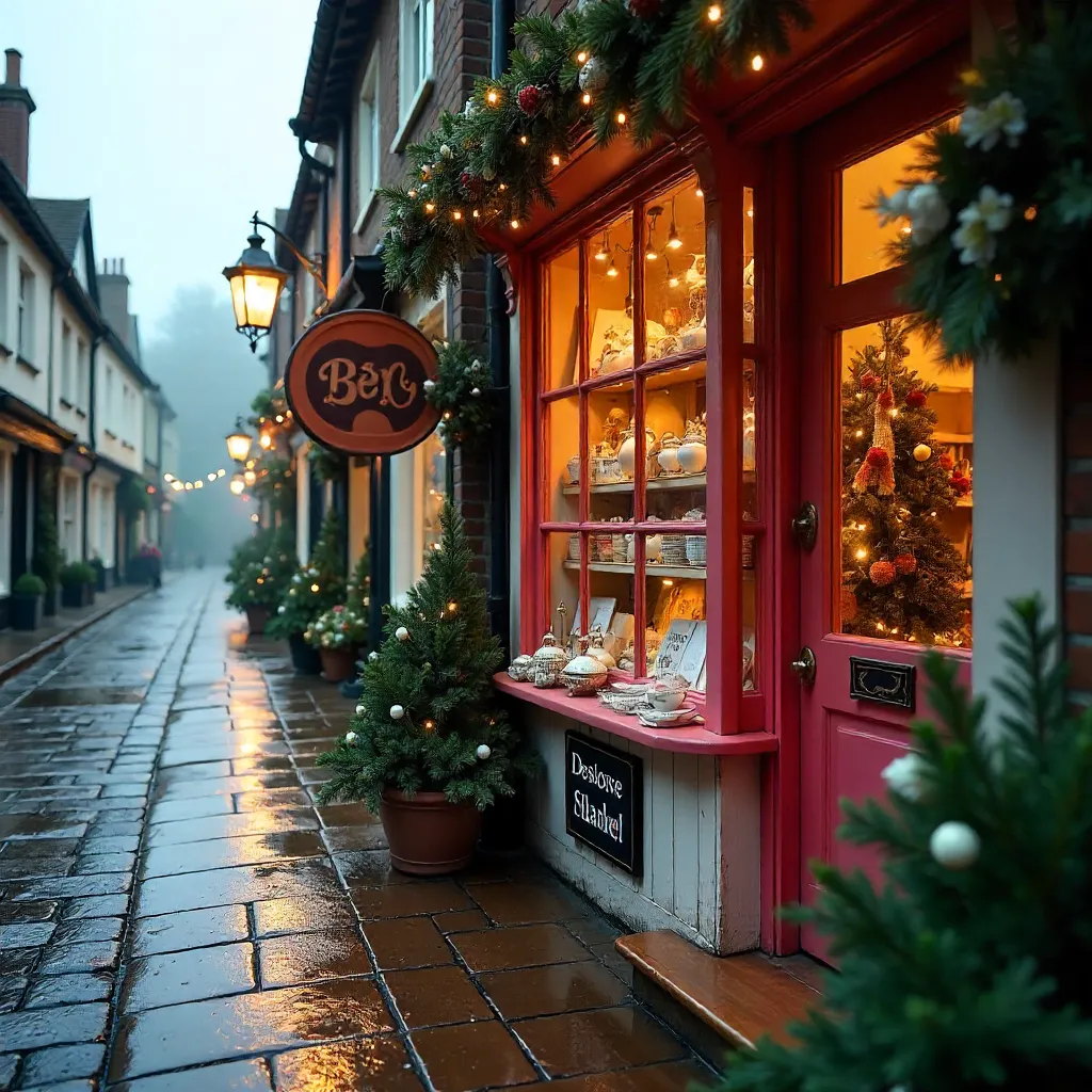 Quaint English Gift Shopfront in Seasonal Glow