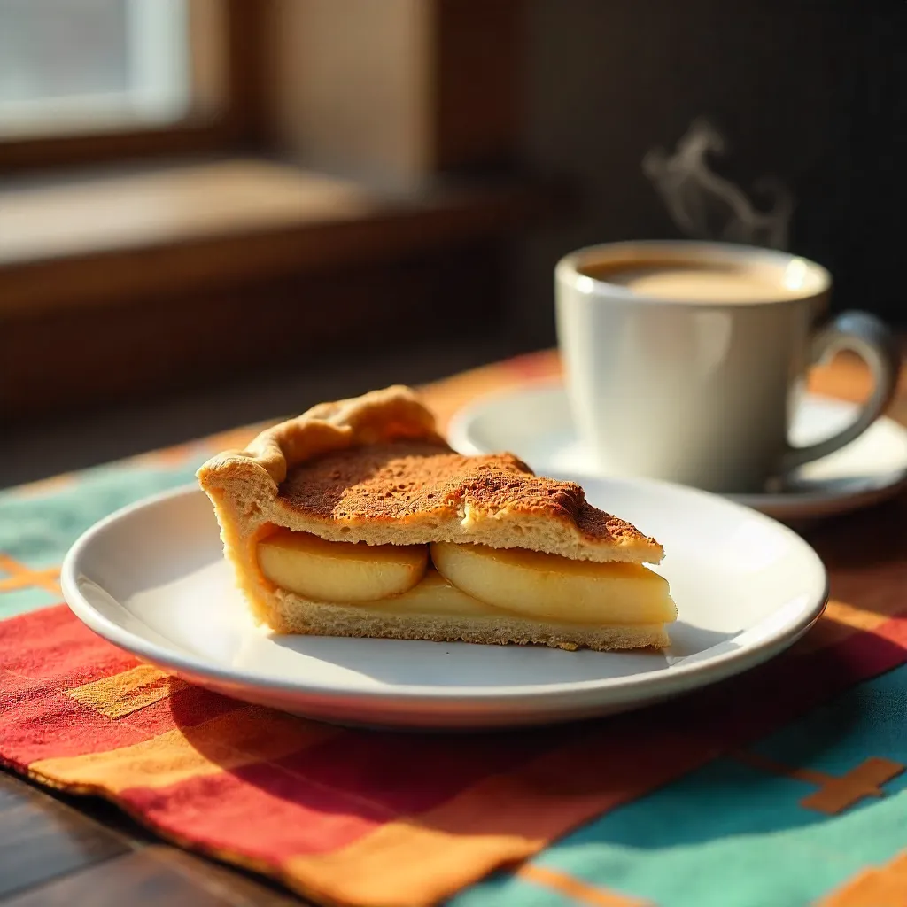 Apple Pie Slice with Espresso on Colorful Tablecloth