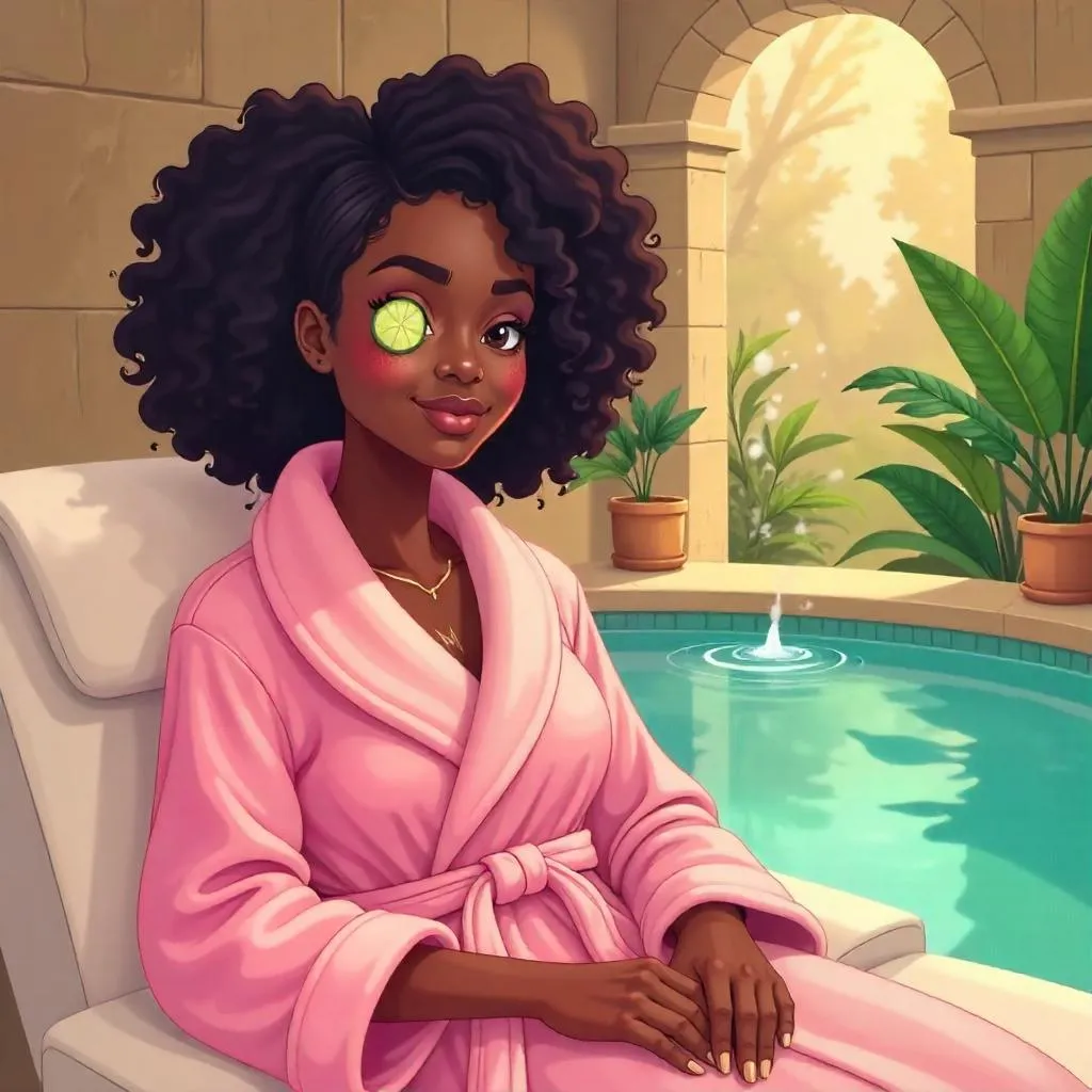 Stylish Black Girl in a Serene Cartoon Spa