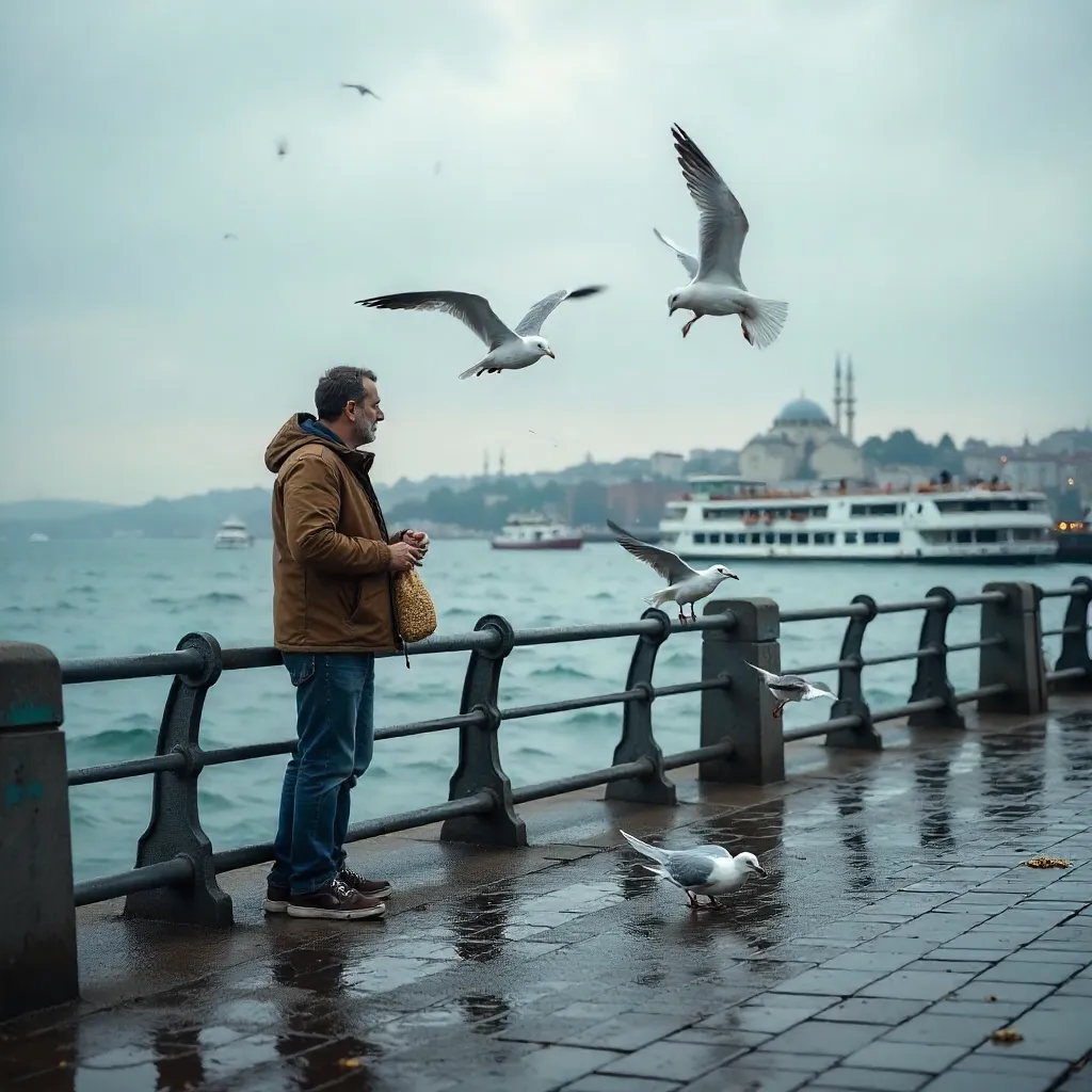 Man Feeding Seagulls by the Bosphorus in Istanbul