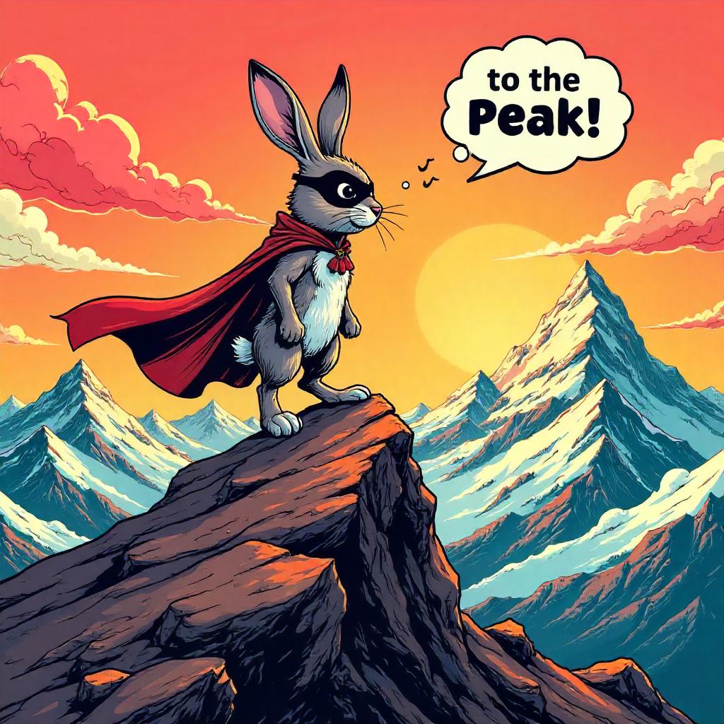 Comic-Book Rabbit at the Mountain Peak