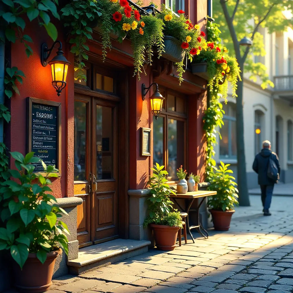Cozy Ukrainian Cafe Entrance with Flowers and Greenery