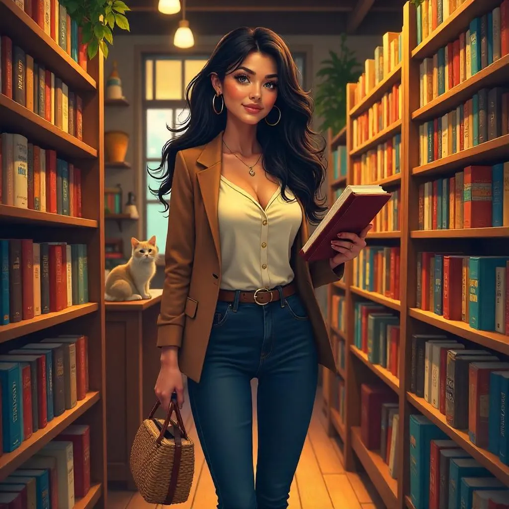 Stylish Latina Woman in an Anime Bookstore