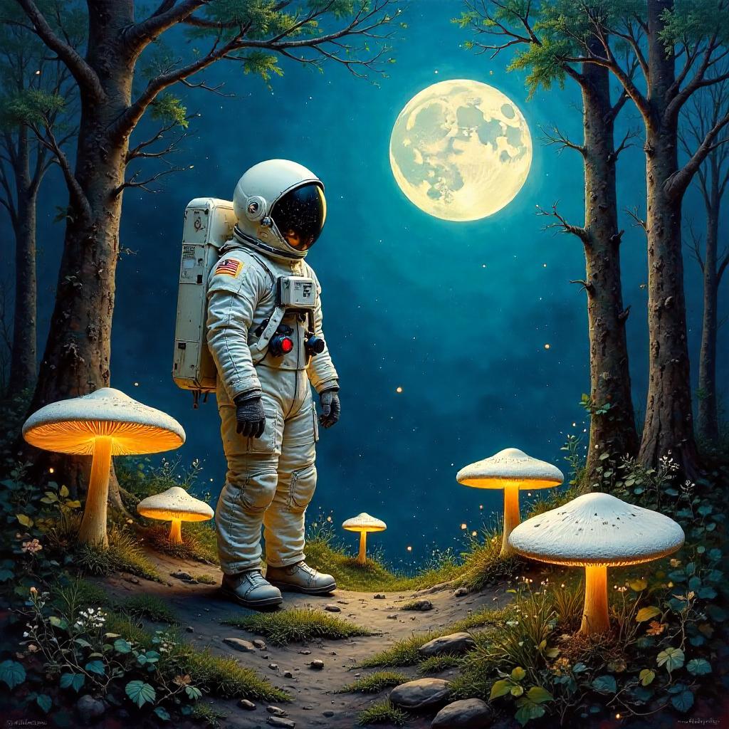 Astronaut in a Ring of Fairy Mushrooms – Oil Painting