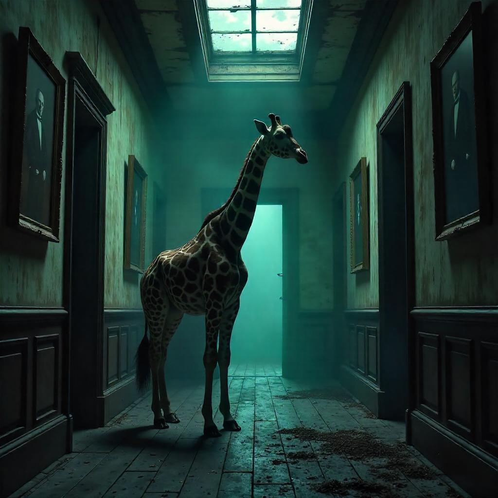 Photoreal Giraffe in a Haunted House Corridor