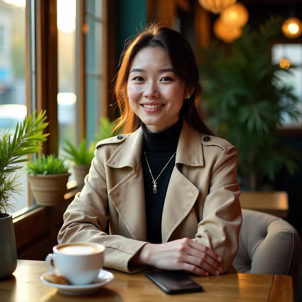 Photorealistic Portrait: Stylish Asian Woman in a Café