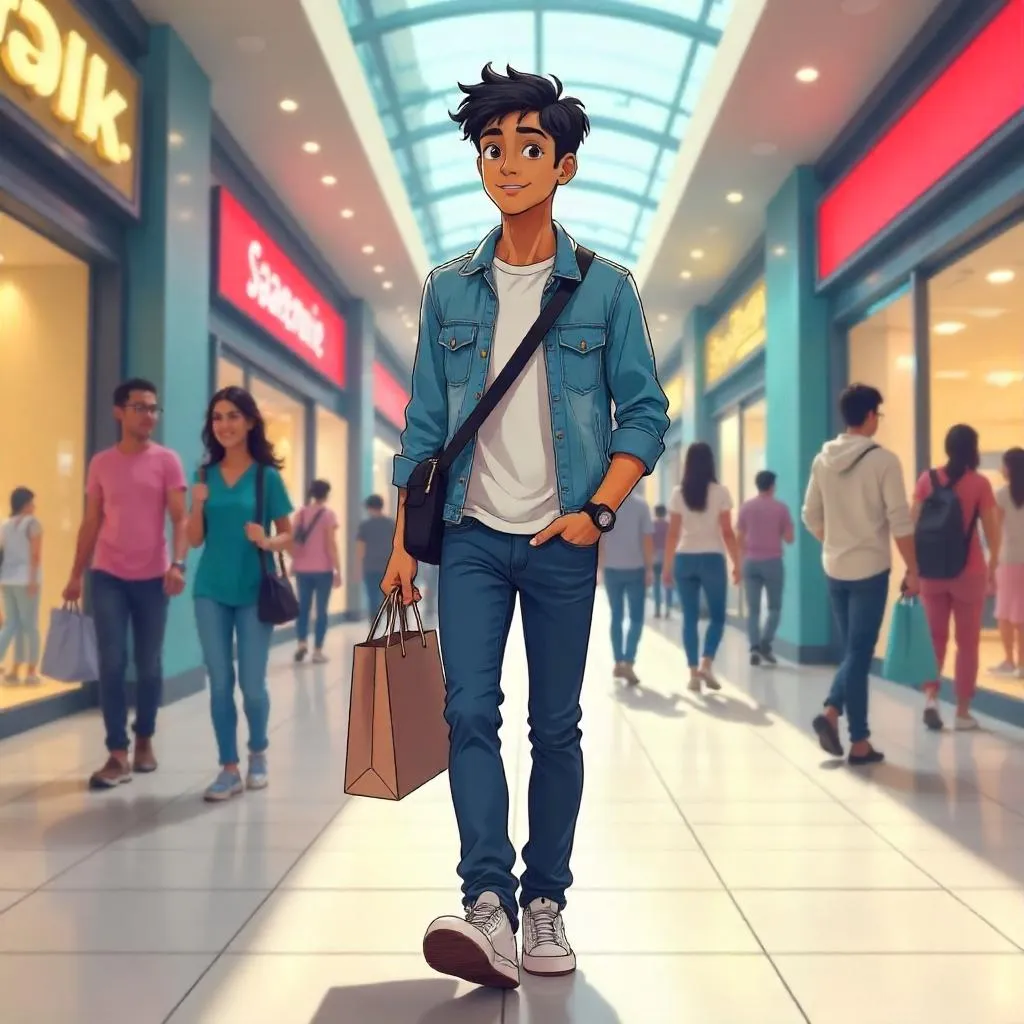 Anime-Style Indian Man in a Busy Shopping Mall