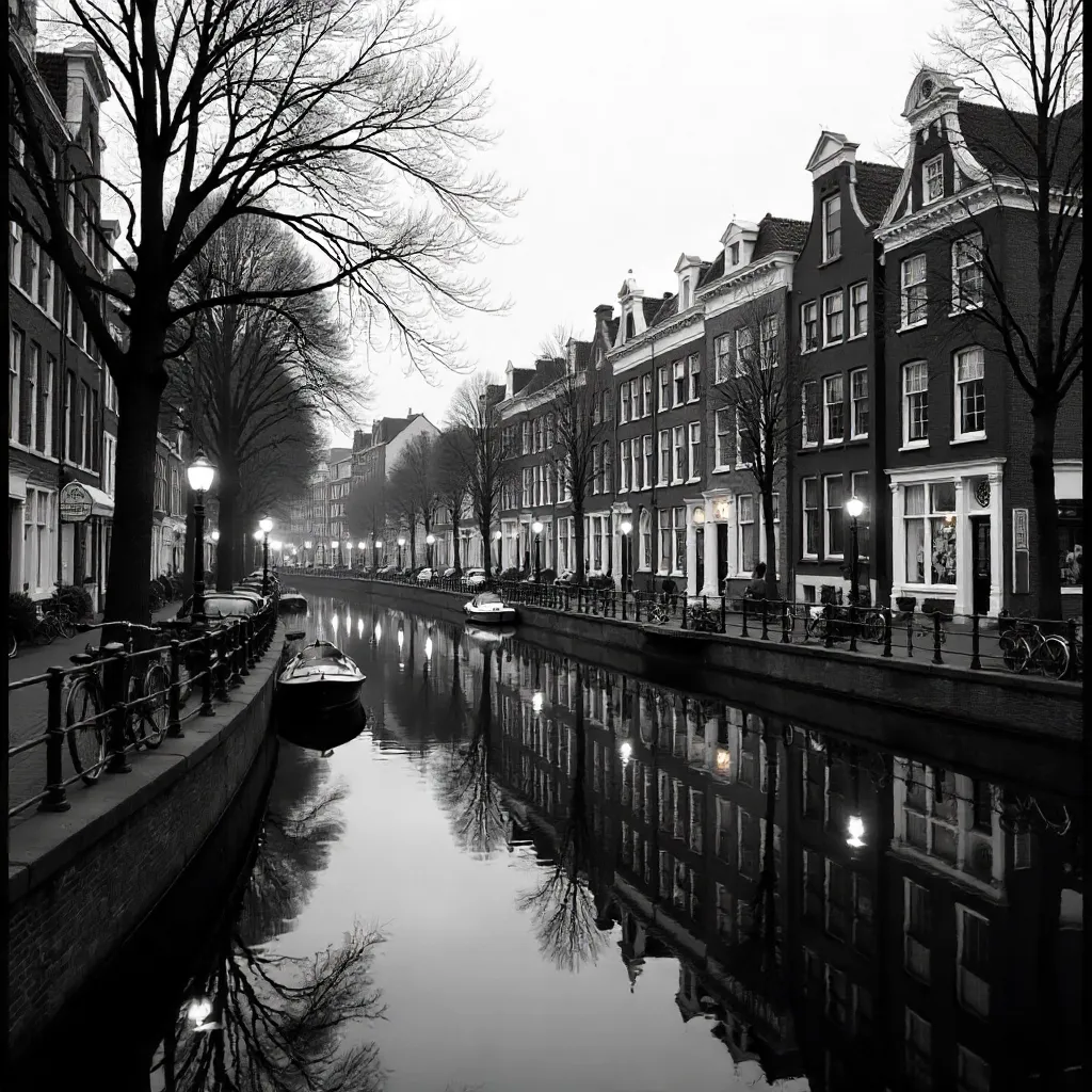 Reflections of Amsterdam's Canal Houses in Monochrome