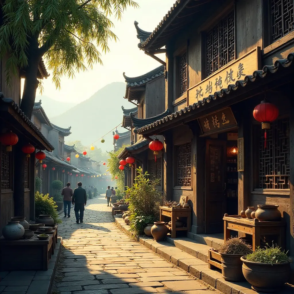 Scenic Traditional Wood Shop in a Historic Chinese Village