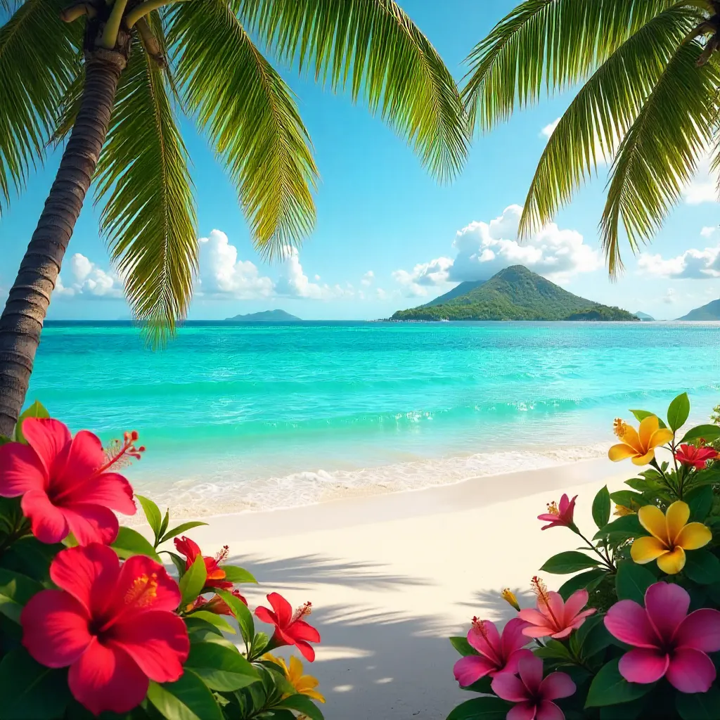 Dreamy Tropical Seaside with Vibrant Flowers