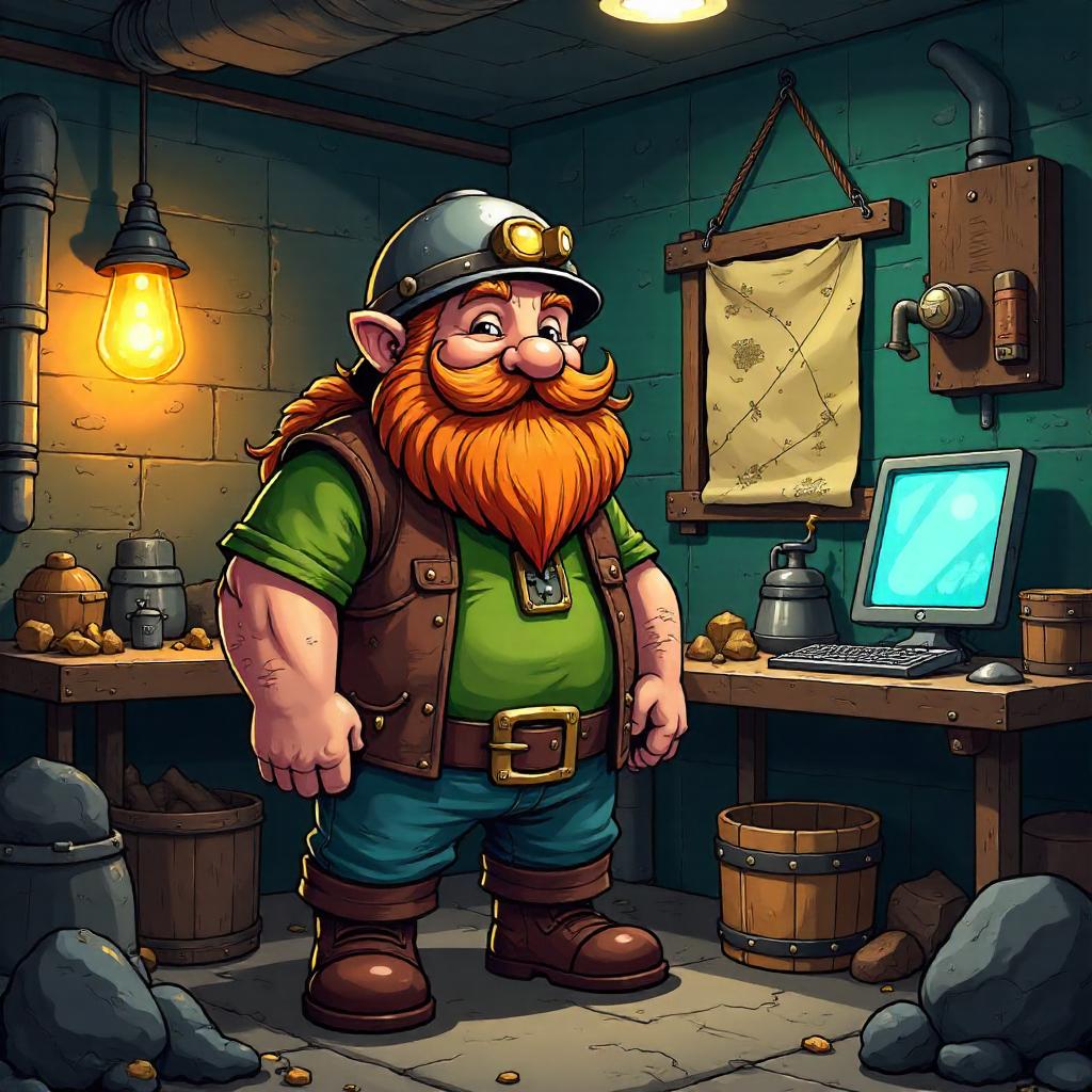 Adventurous Cartoon Dwarf in a Cozy Underground Bunker
