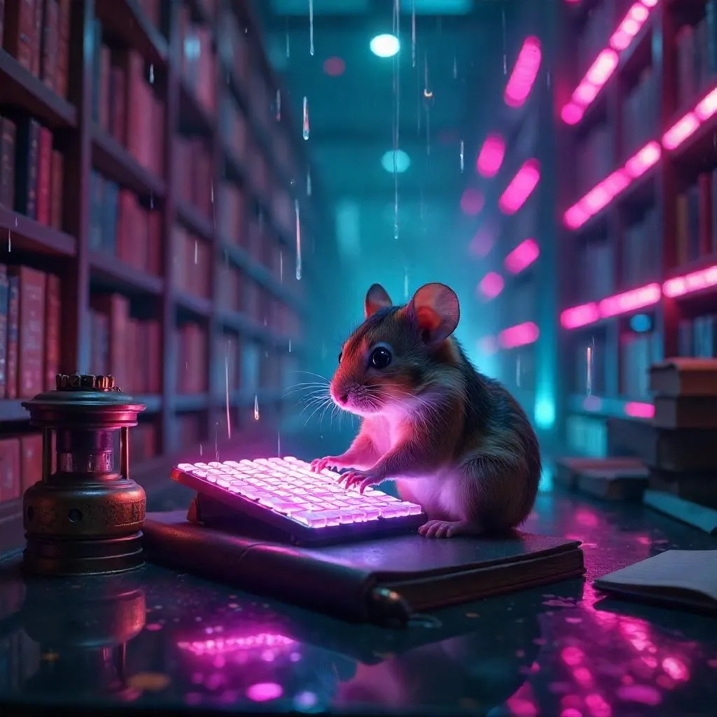 Cyberpunk Hamster in Neon Library