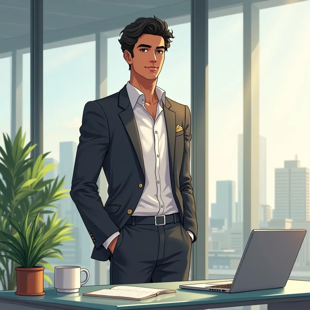 Elegant Latino Man in a Modern Anime Office
