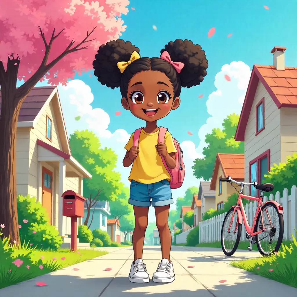 Cheerful Black Girl in a Suburban Anime Neighborhood