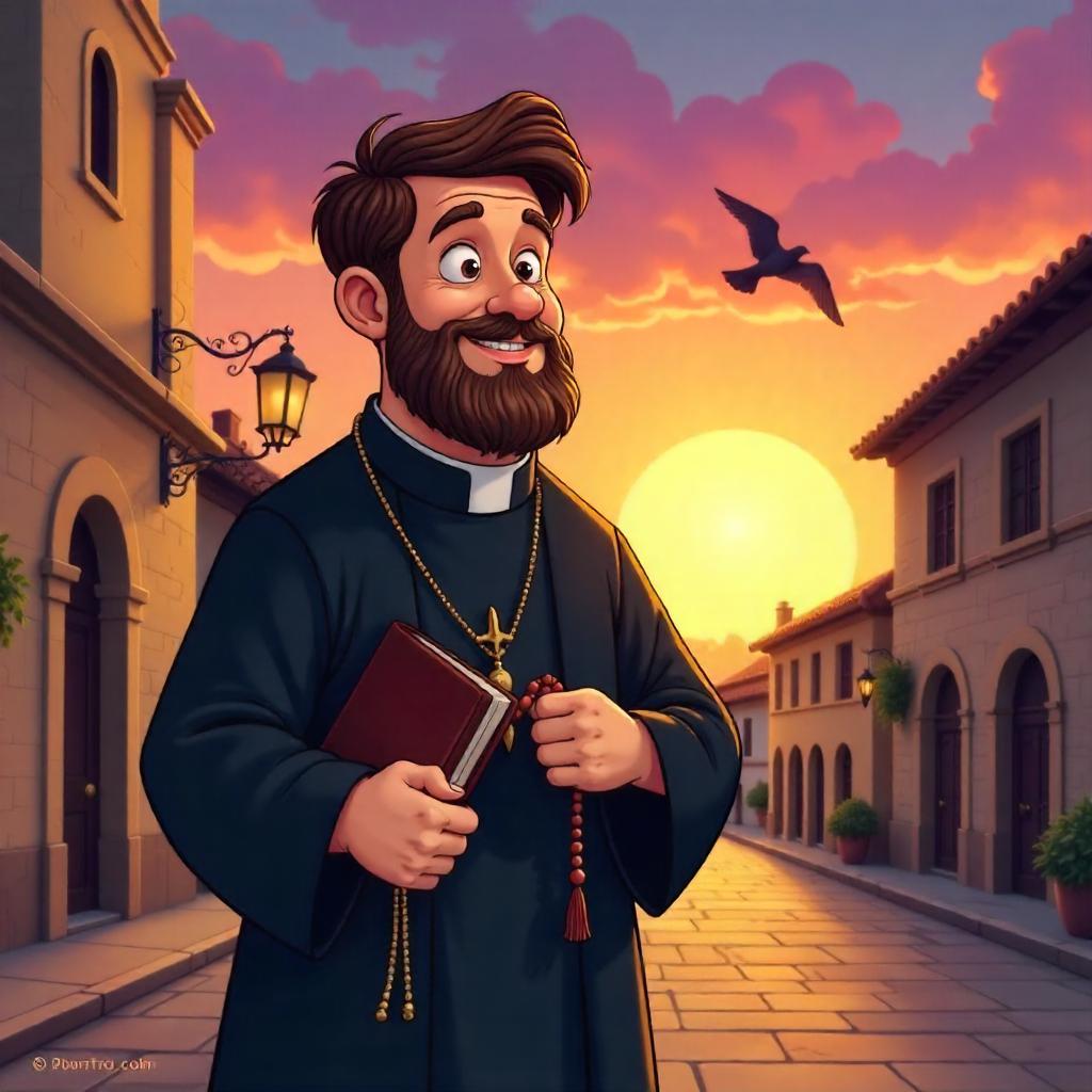 Sunset Sermon: Cartoon Priest at Dusk