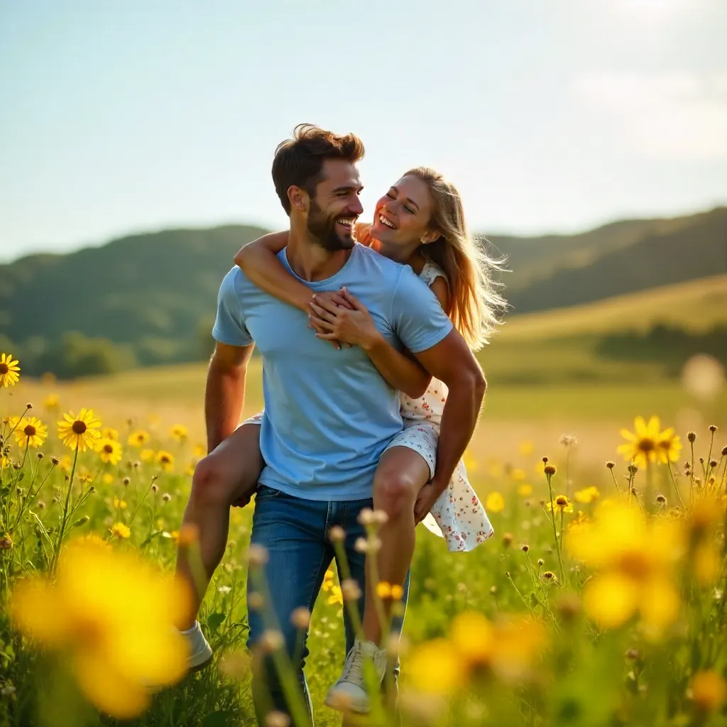 Piggyback Joy in a Yellow Flower Meadow