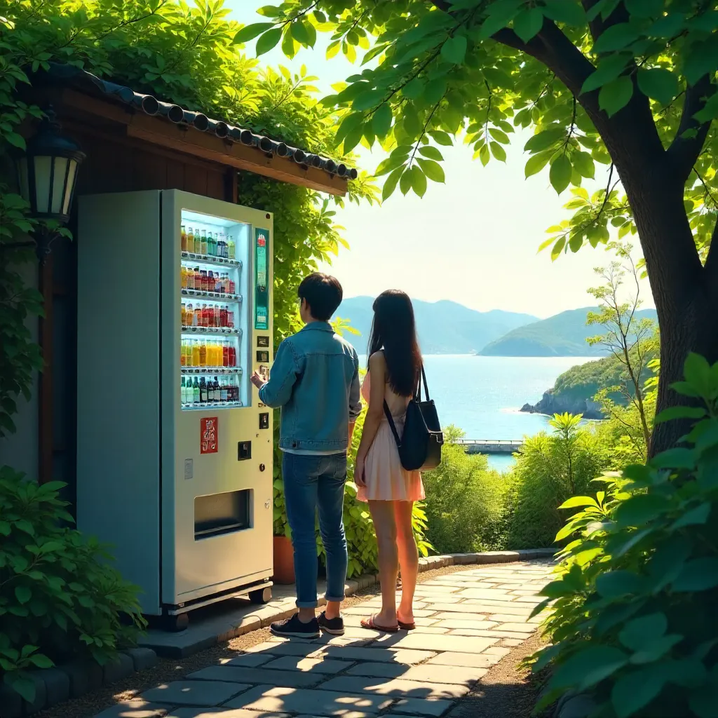 Two People at a Verdant Numazu Vending Machine
