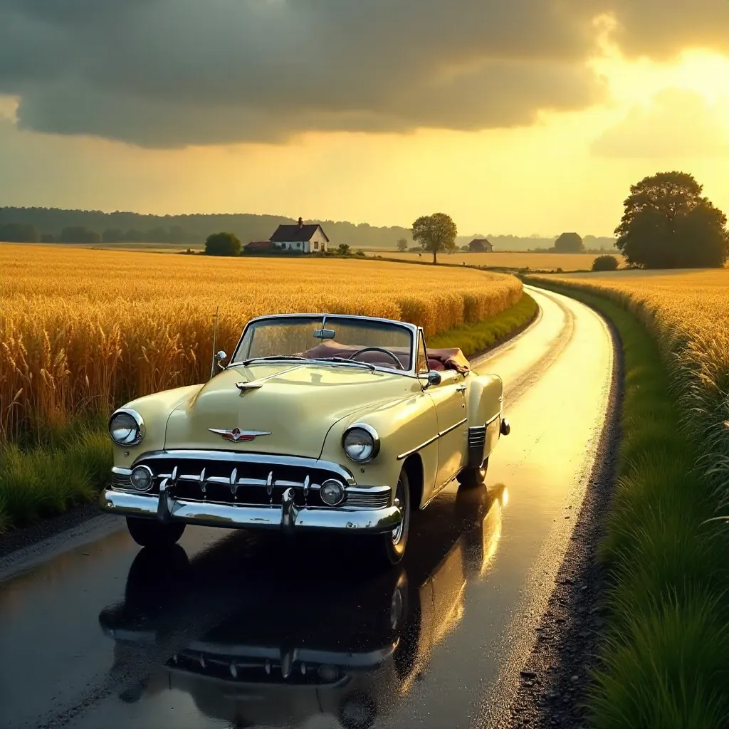 Vintage Car on a Wet Golden Country Road