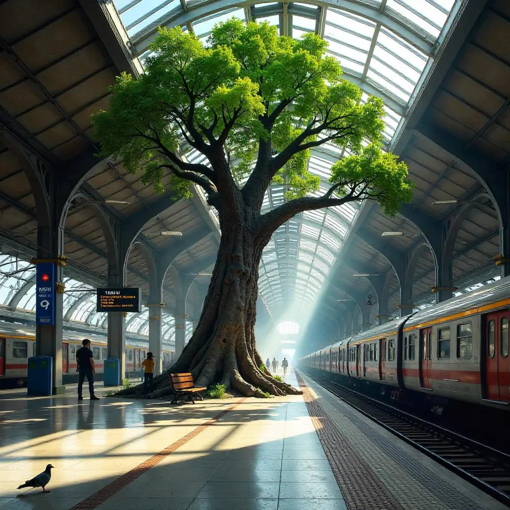 Photorealistic Tree Inside a Bustling Train Station