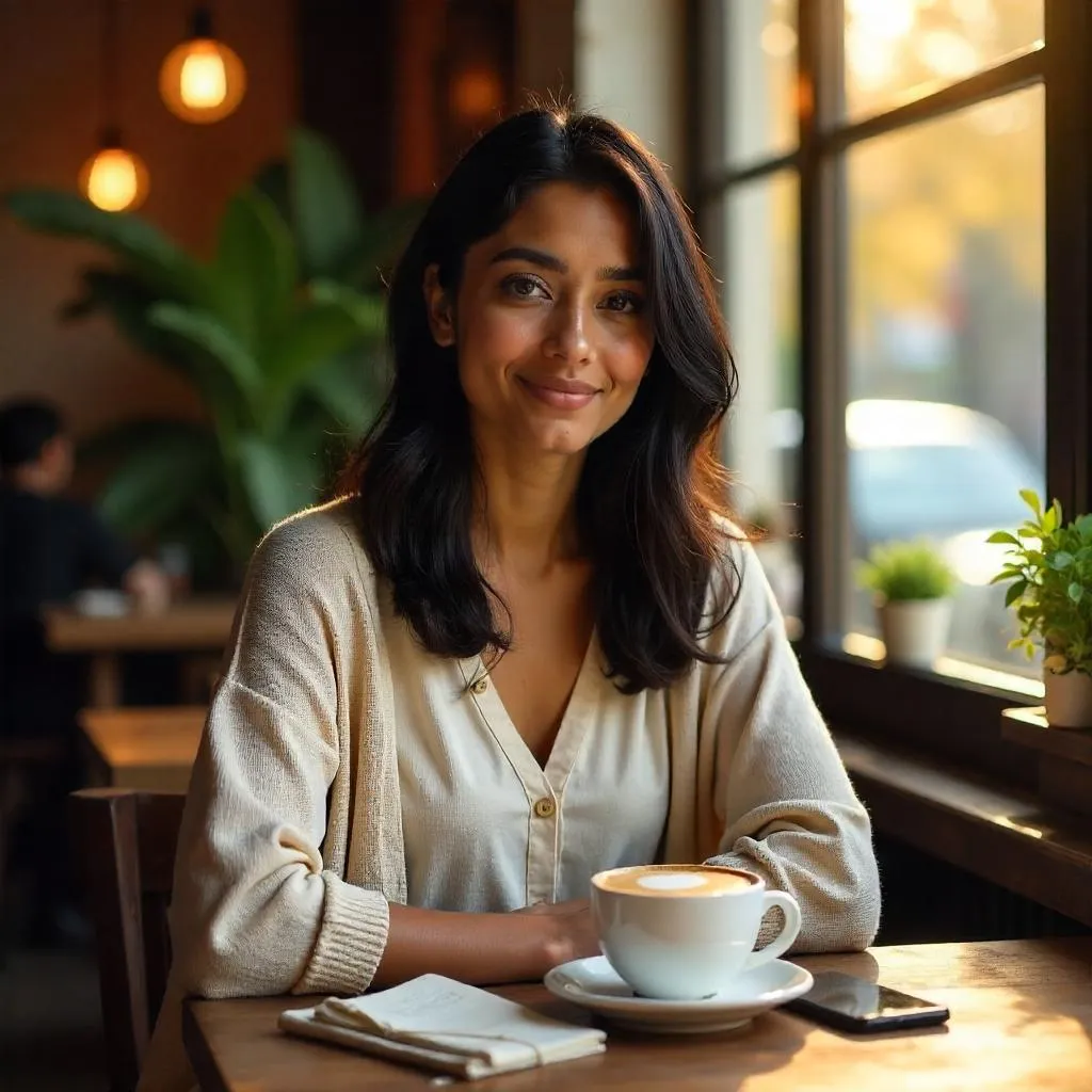 Photorealistic Portrait of a Young Indian Woman in a Café