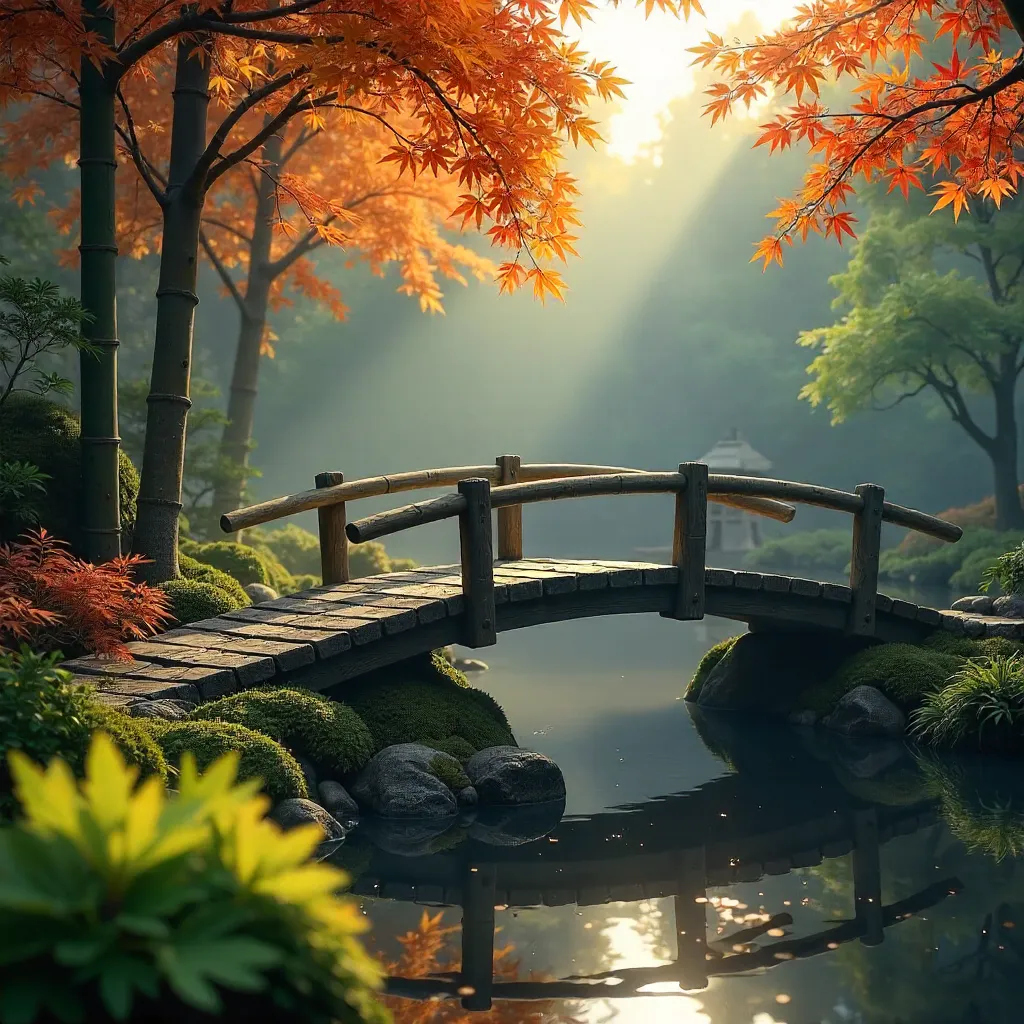 Tranquil Wooden Arch Bridge in a Japanese Garden