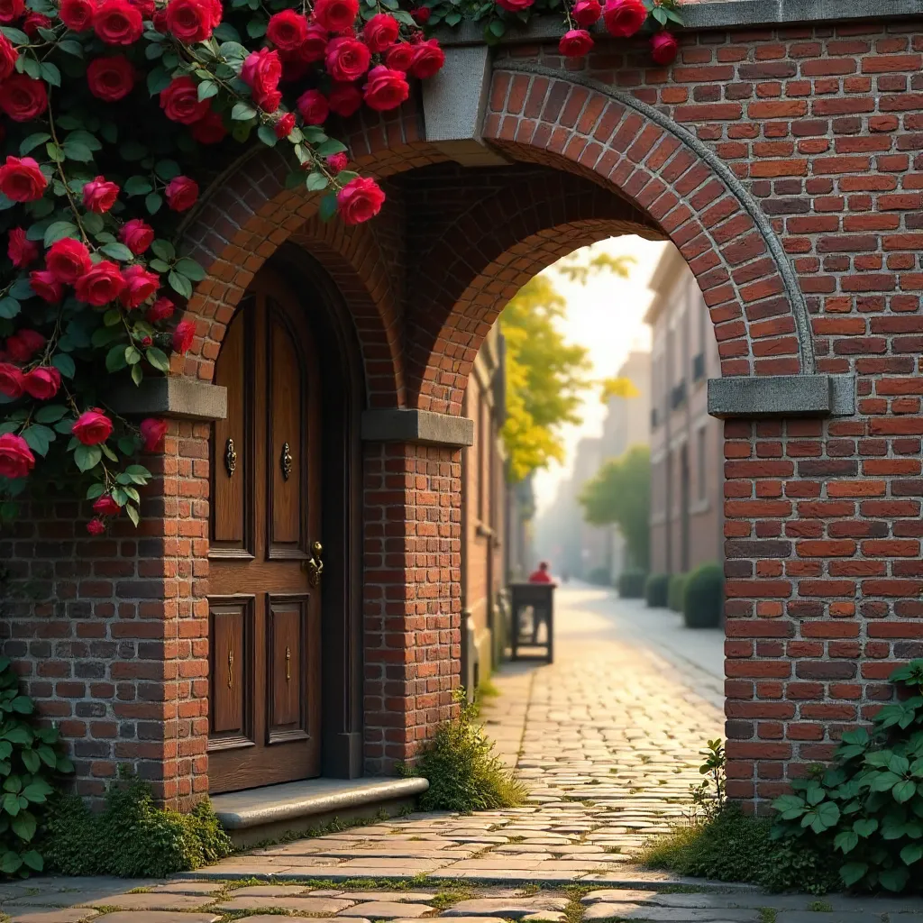 Vintage Brick Archway with Red Roses at Entrance