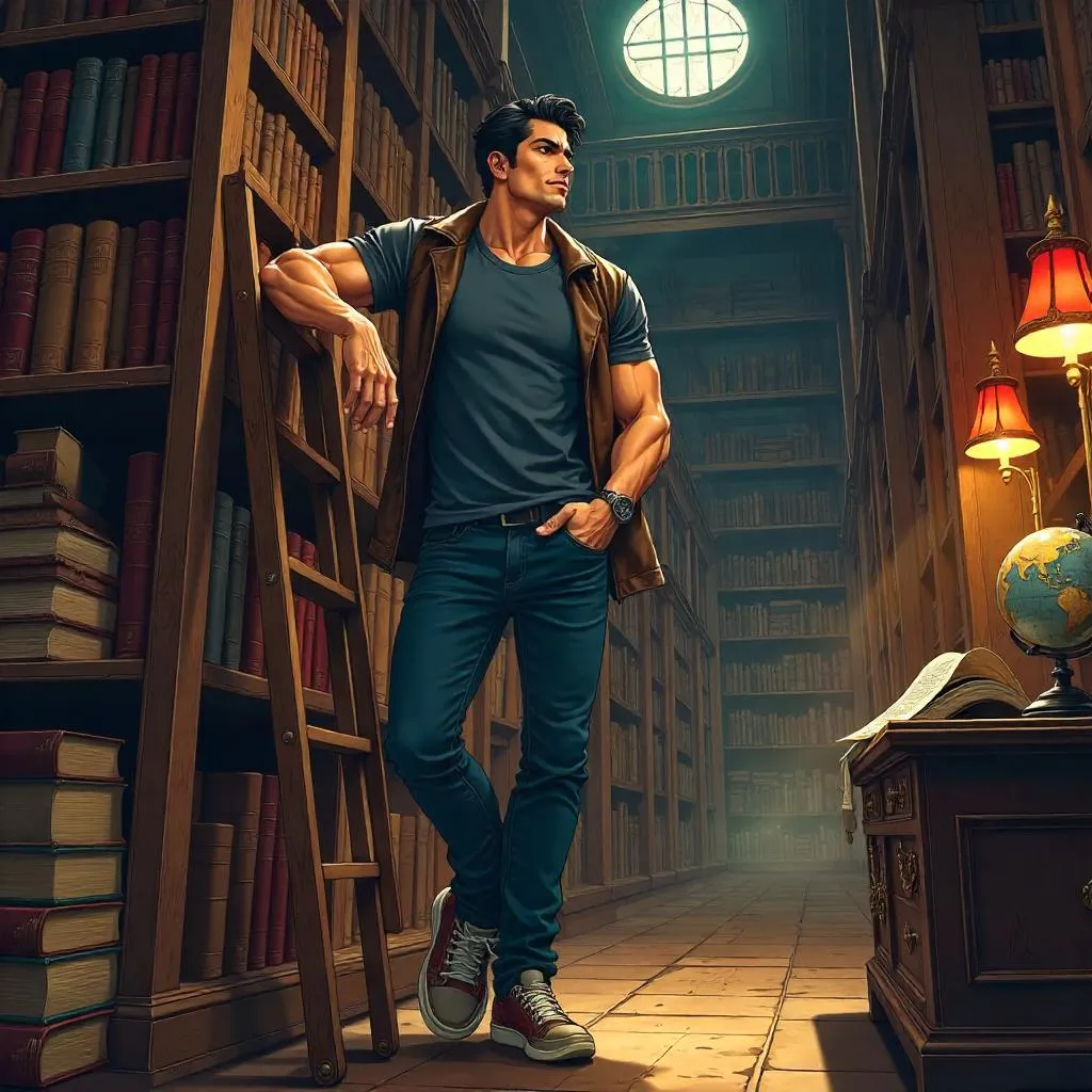 Athletic Latino Man in an Anime Library