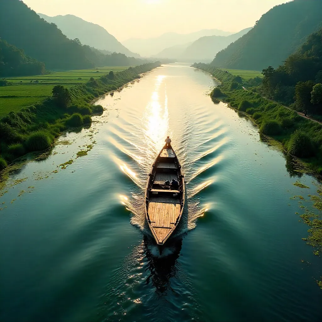 Aerial View of a Traditional Boat on Algae-Patch River