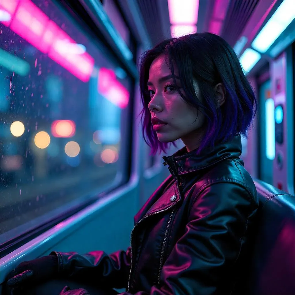 Neon Ride: Latina in a Cyberpunk Train