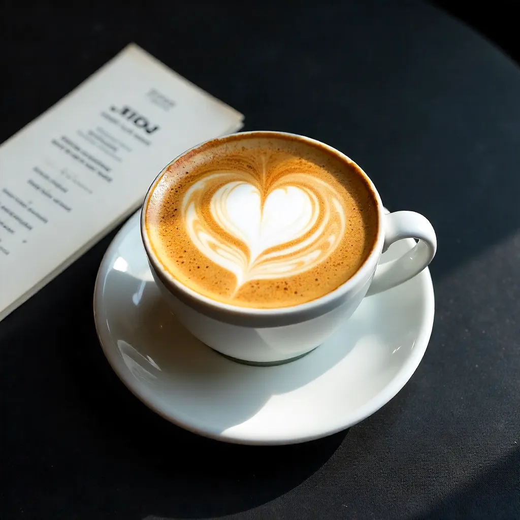 Top-Down Latte Heart Art on Black Table with Menu