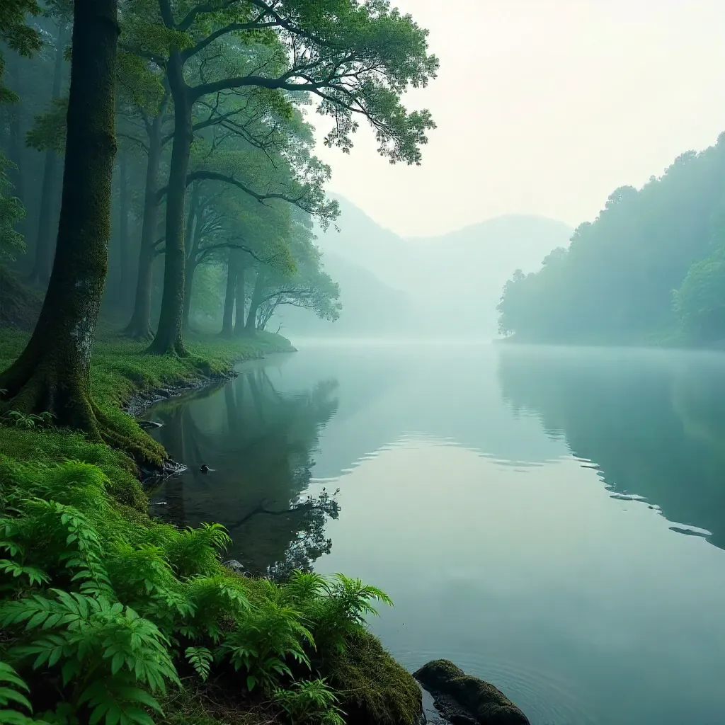 Mist-Laced Forest and Serene Lake at Dawn