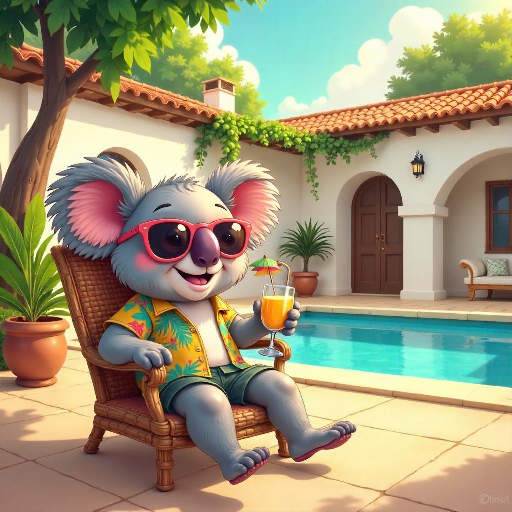 Koala in a Sunny Cartoon Villa Courtyard
