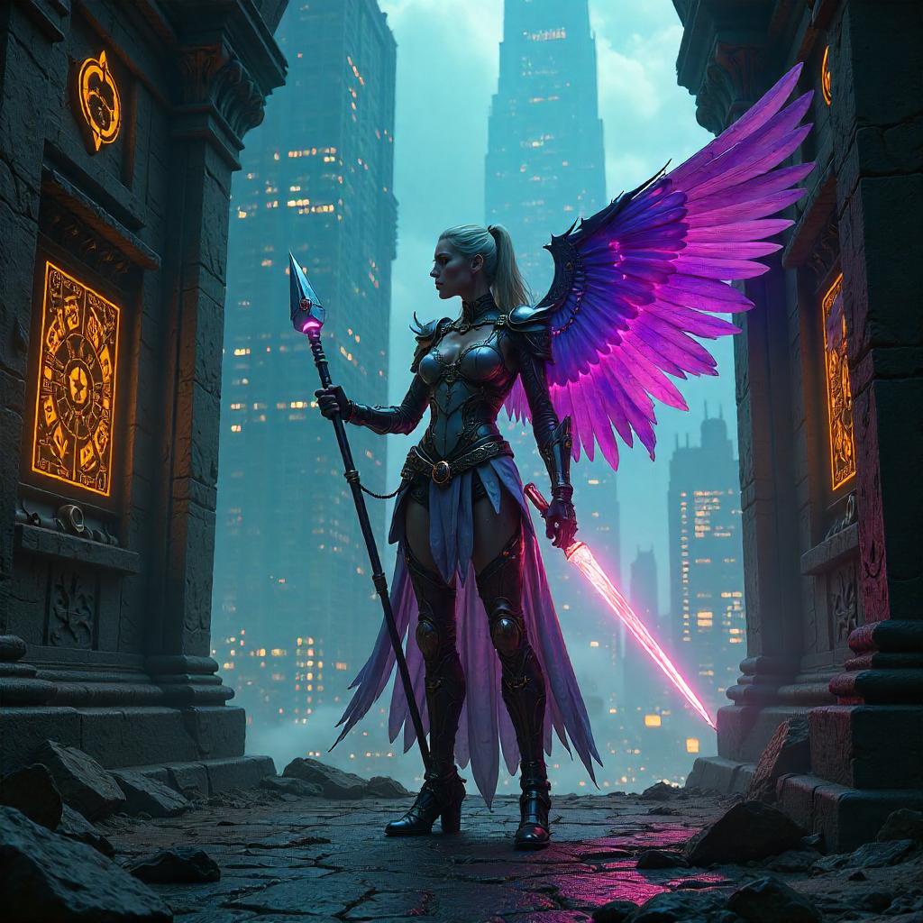 Valkyrie in a Neon Wizard Tower