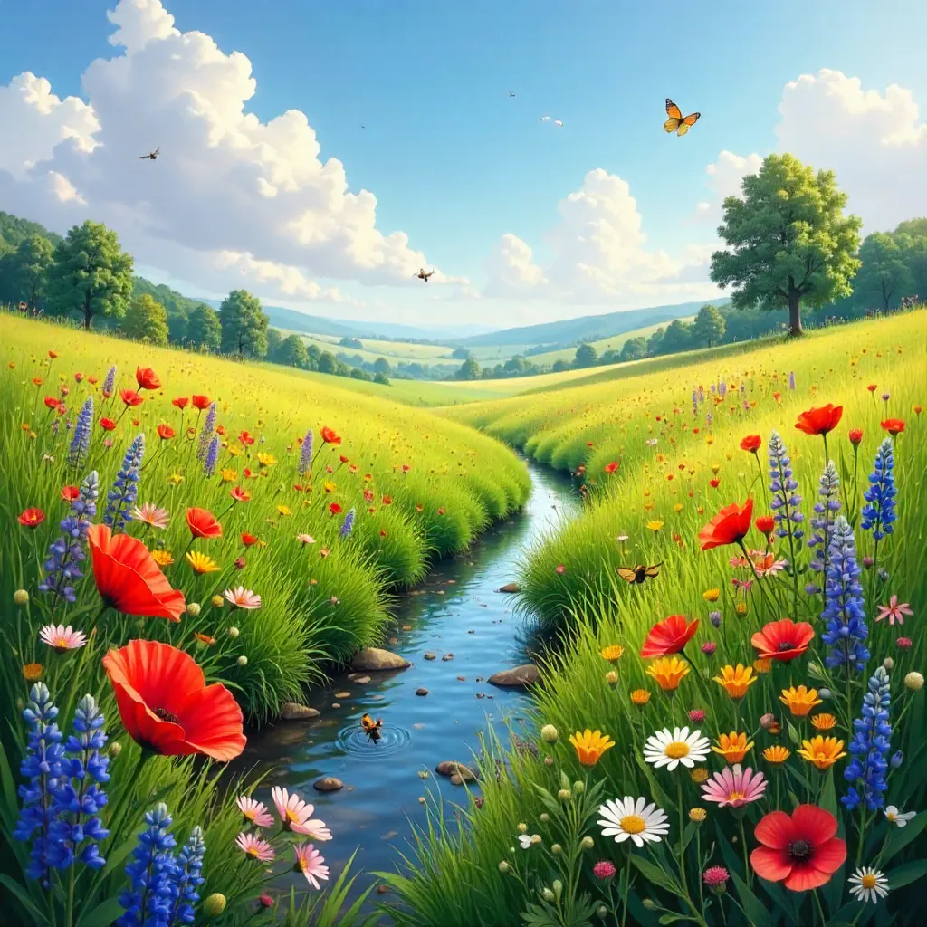 Tranquil Meadow: Vibrant Wildflowers in Sunlight