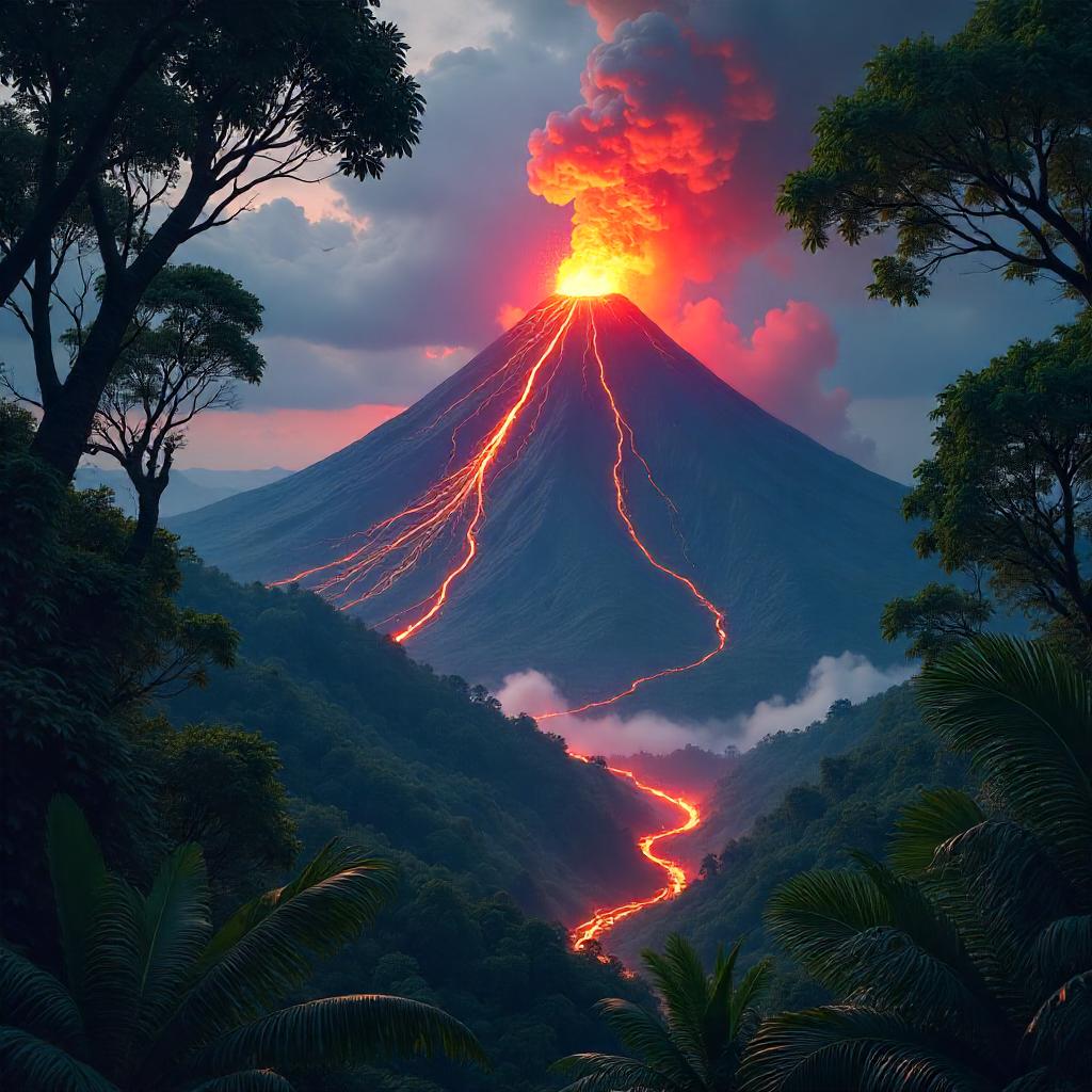 Volcano Rising Through Jungle Canopy