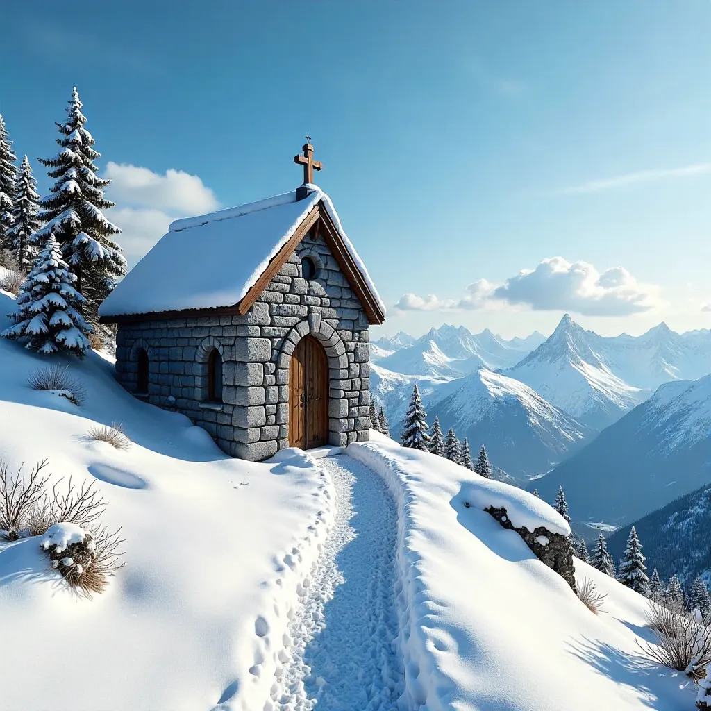 Snowbound Stone Chapel on Zugspitze, Bavaria