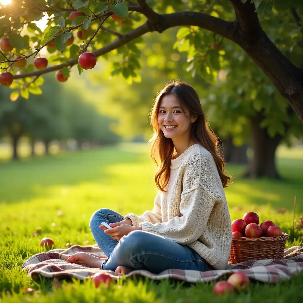 Sunlit Orchard Moment: Woman in Cozy Sweater