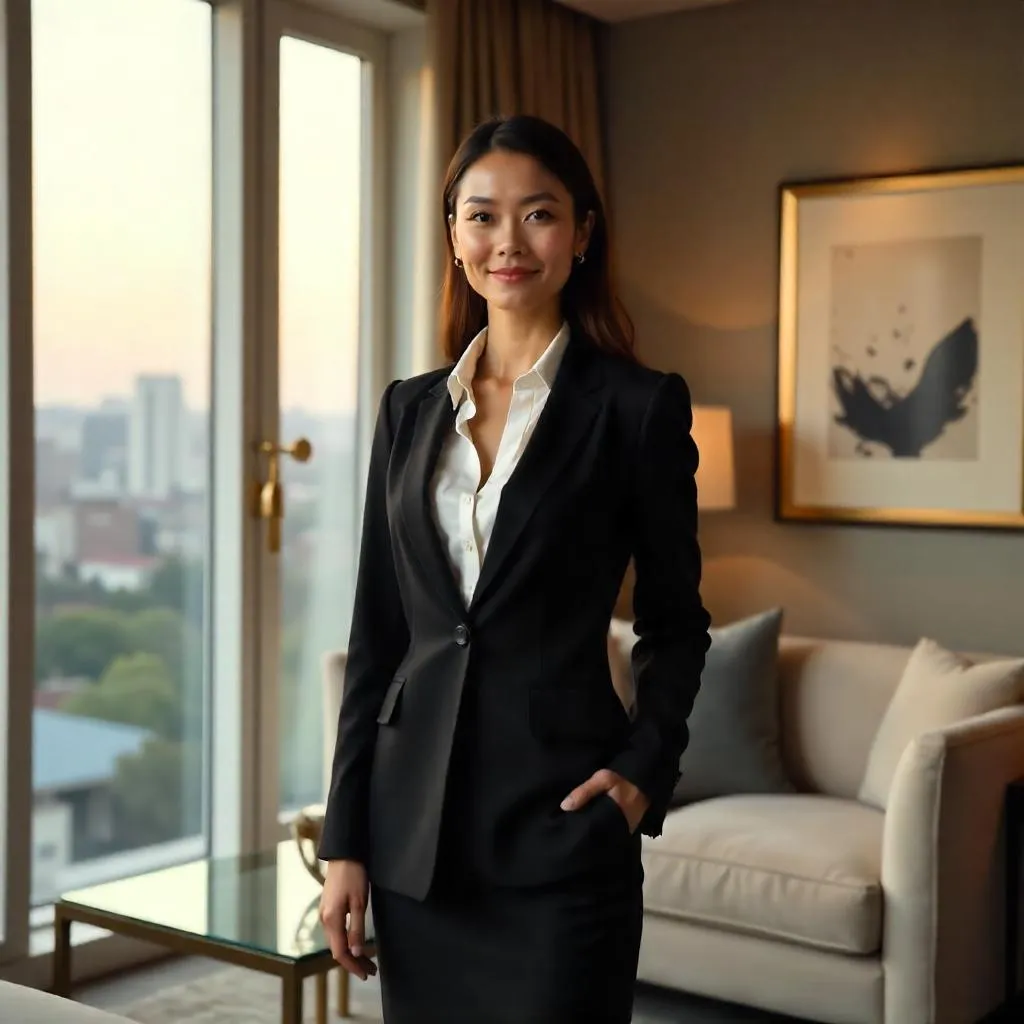 Confident White Woman in a Luxe Hotel Room