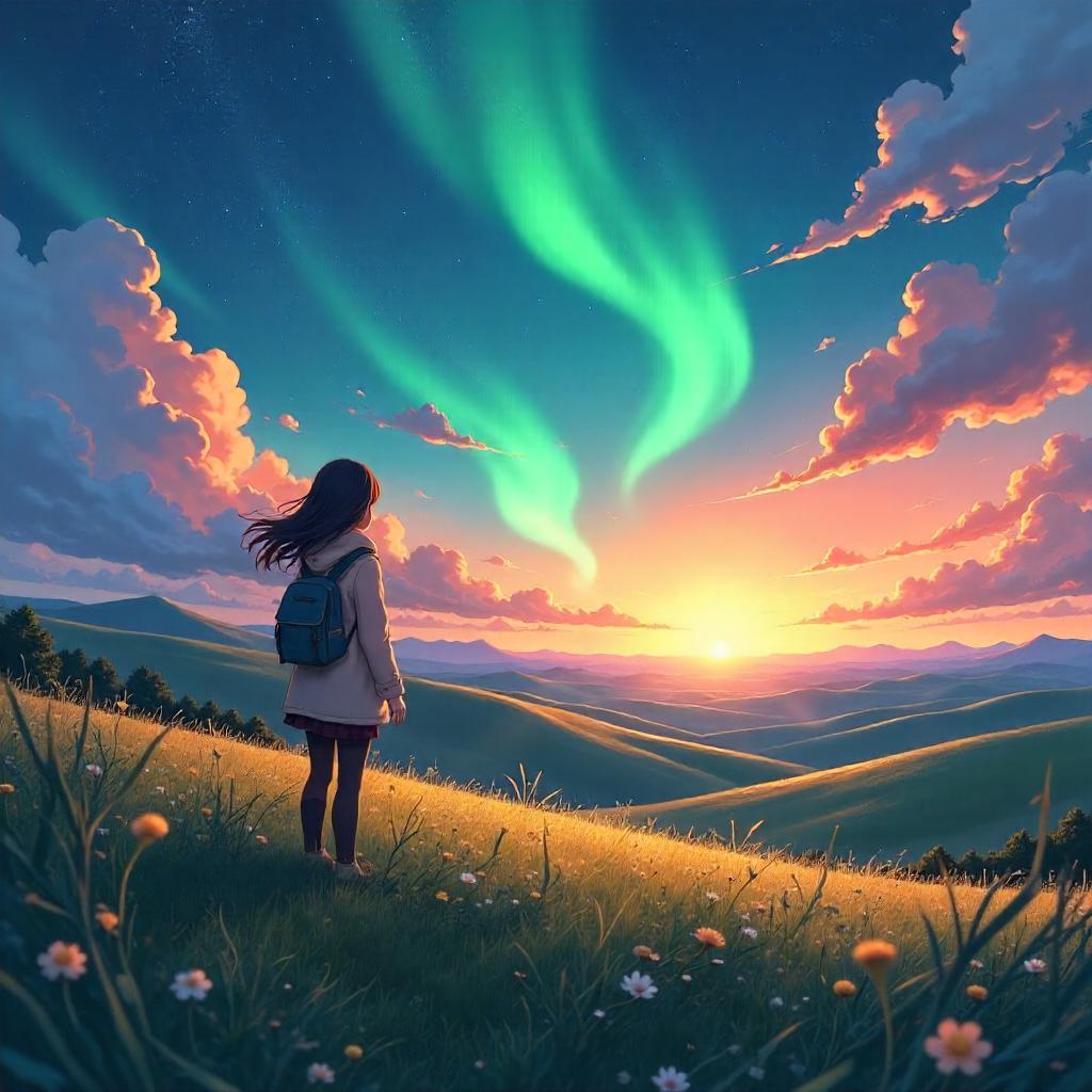 Sunrise Over Aurora Fields in Anime Dream