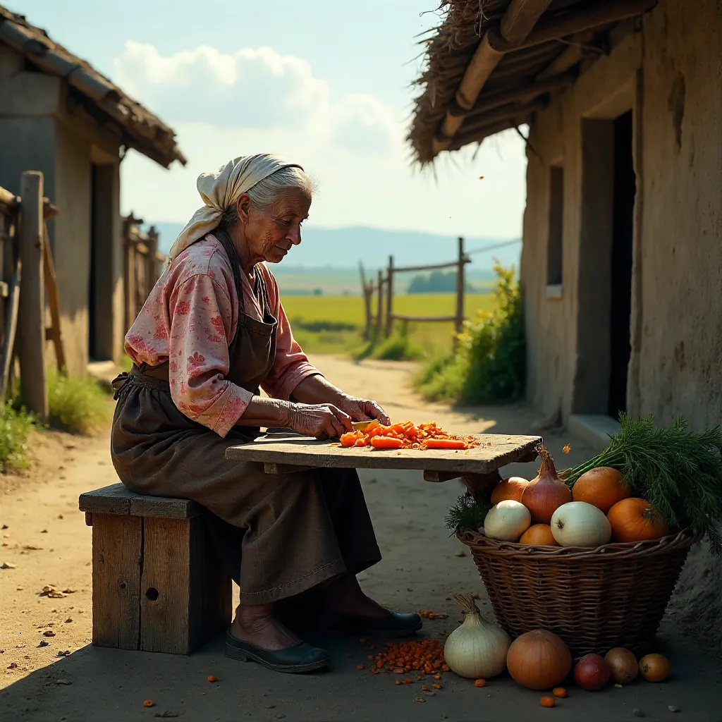 An Elderly Rural Woman Preparing Vegetables Outdoors