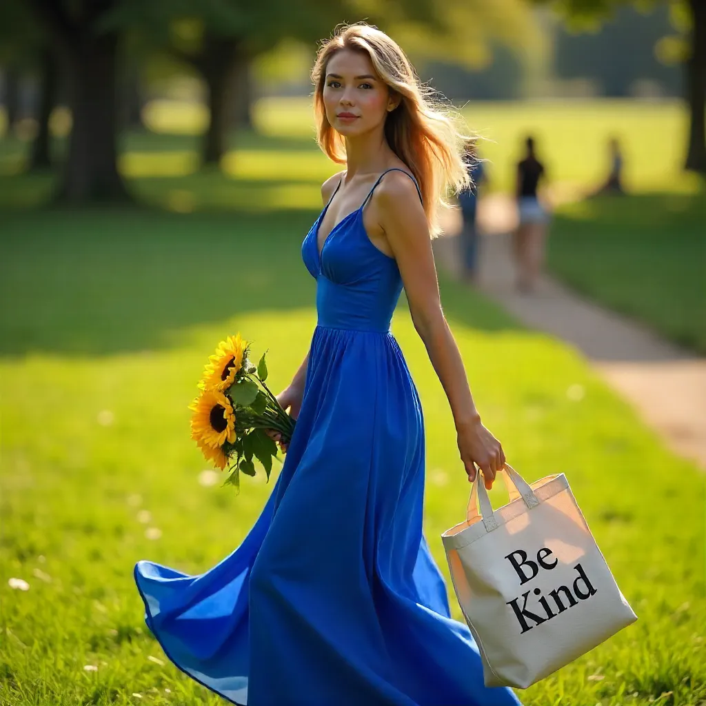 Elegant Blue Dress with Sunflowers in the Park
