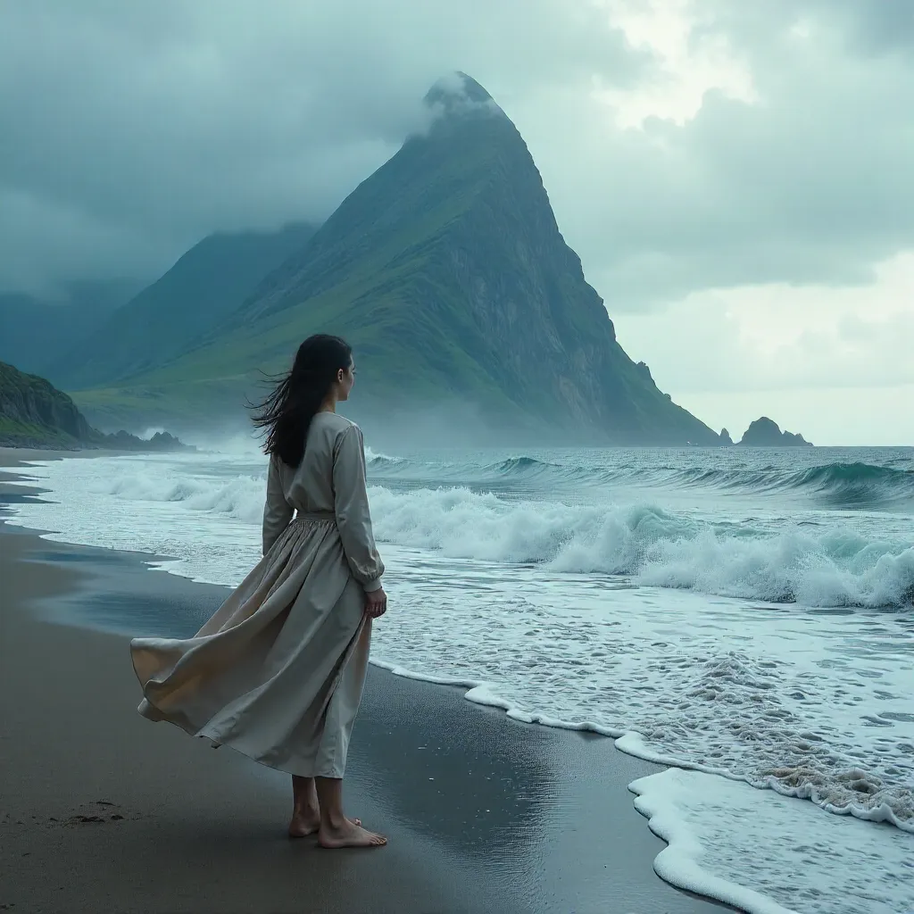 Woman by the Ocean Facing a Majestic Mountain