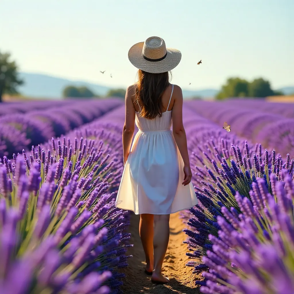 Sunlit Lavender Walk in a Straw Hat
