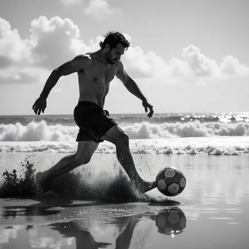 Dynamic Black & White Beach Soccer: Man in Action