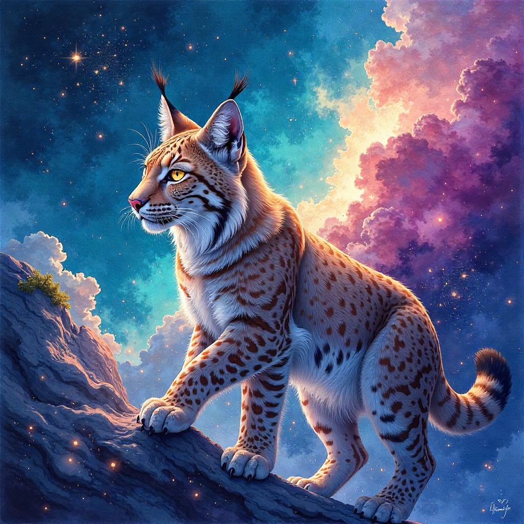 Watercolor Lynx Drifting Through a Cosmic Nebula