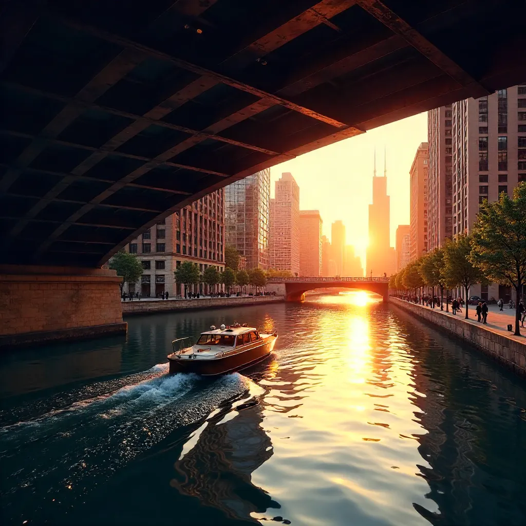 Golden Hour Glide Under Clark Street Bridge