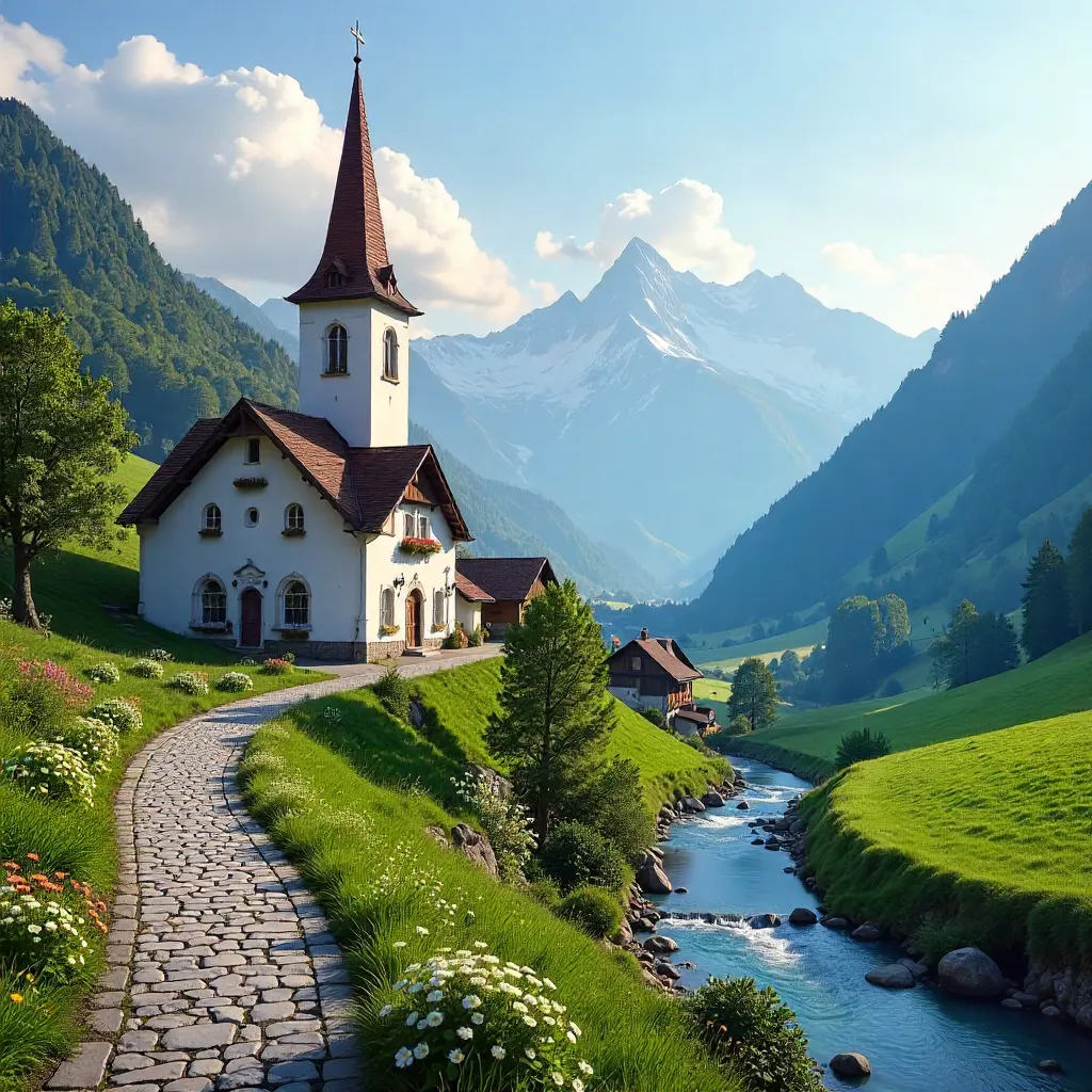 Iconic Alpine Church Amid Misty Hills
