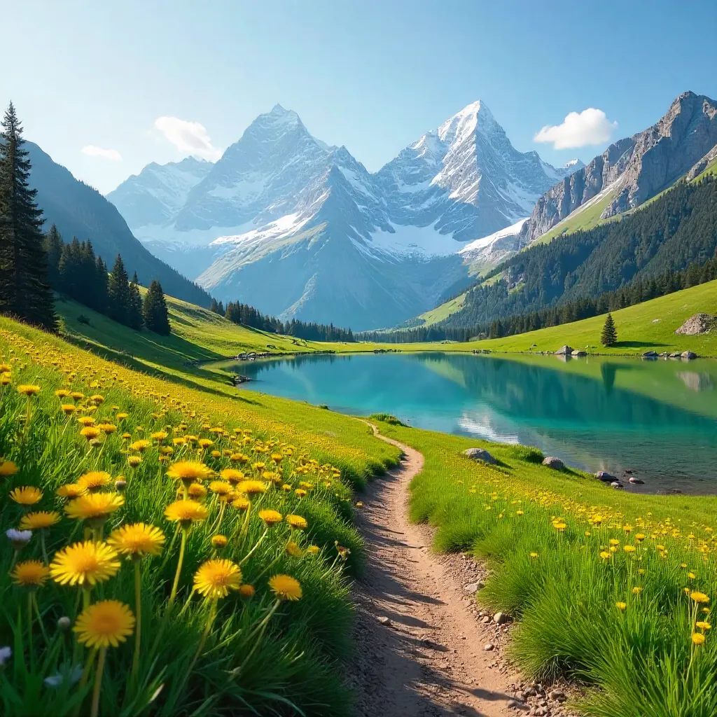 Alpine Serenity: Snow Peaks and Dandelion Fields