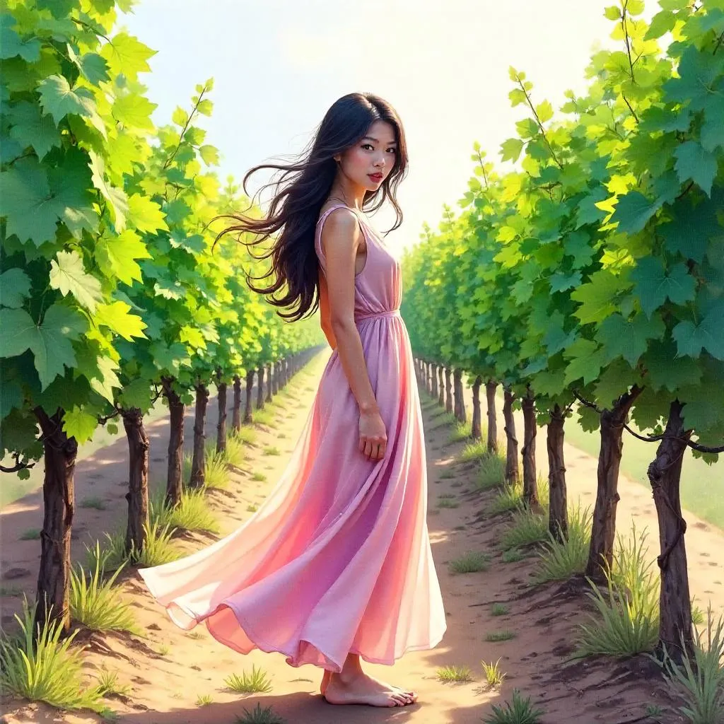 Watercolor Portrait in a Sunlit Vineyard